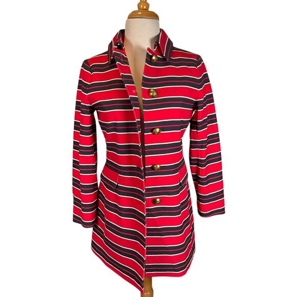 Banana Republic Red & Navy Striped Half Trench Coat Size XS (NWOT) Preppy Lux - Picture 3 of 12